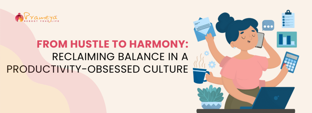 Person meditating amid chaos with overlay "Work-Life Balance: From Hustle to Harmony"
